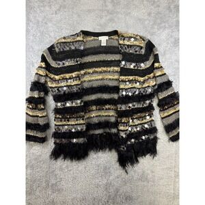 Chico's Sweater Womens‎ Size 0 Cardigan Mirror Beaded Faux Fur Fringe 0731
